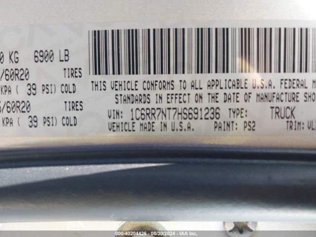 1C6RR7NT7HS691236 RAM 1500 Laramie  4x4 5'7 Box