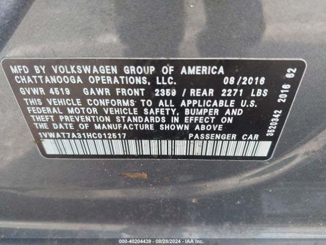 1VWAT7A31HC012517 Volkswagen Passat 1.8t S