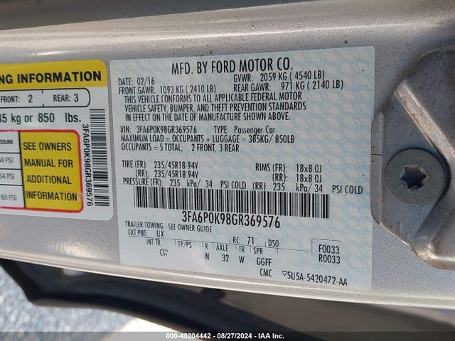 Ford Fusion Titanium 2016 3FA6P0K98GR369576 Image 9