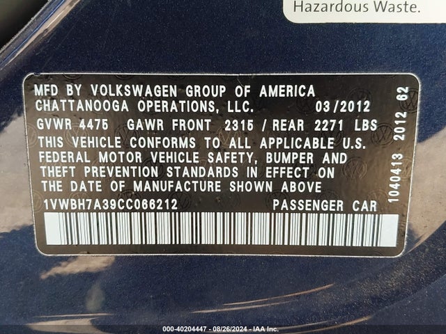 2012 Volkswagen Passat 2.5l Se მანქანა იყიდება აუქციონზე, vin: 1VWBH7A39CC066212, აუქციონის ნომერი: 40204447
