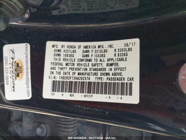 Honda ACCORD EX 2017 1HGCR2F73HA282578 Image 9
