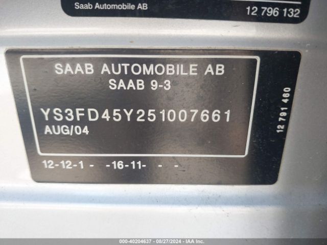 2005 SAAB 9-3 YS3FD45Y251007661 Photo 8
