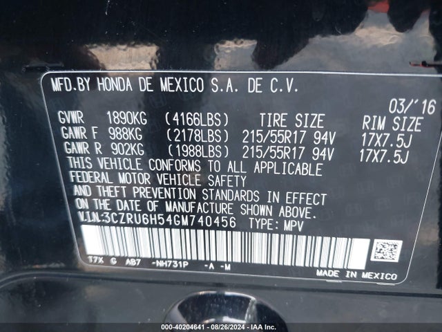 Honda HR-V EX 2016 3CZRU6H54GM740456 Image 9