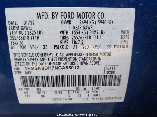 Ford EXPLORER XLT 2022 1FMSK8DH7NGA85012 Image 9