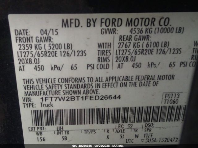 1FT7W2BT1FED26644 Ford F-250 Lariat