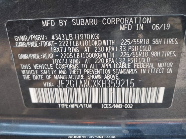 JF2GTANCXKH359215 Subaru Crosstrek 2.0i Limited