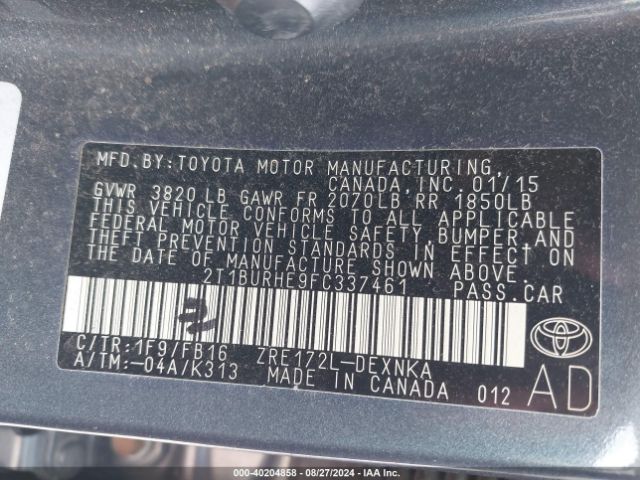 2T1BURHE9FC337461 Toyota Corolla Le Plus