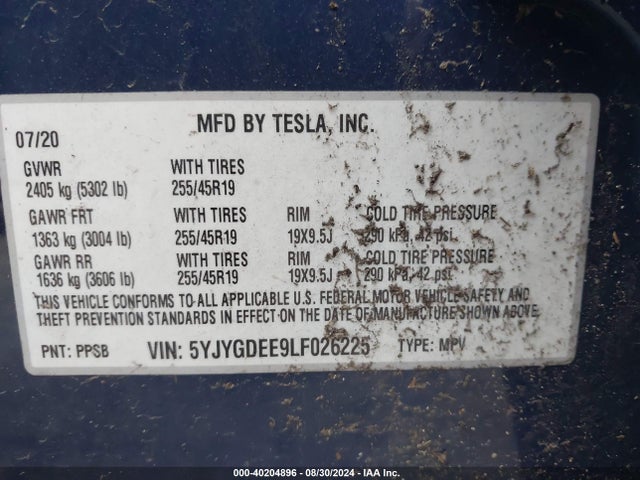 2020 TESLA MODEL Y 5YJYGDEE9LF026225 Photo 8
