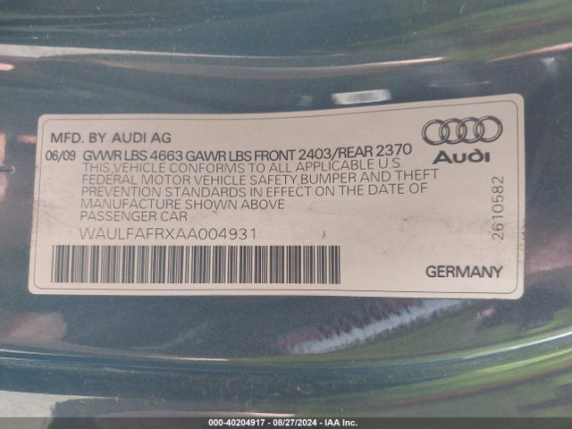 2010 Audi A5 2.0t Premium მანქანა იყიდება აუქციონზე, vin: WAULFAFRXAA004931, აუქციონის ნომერი: 40204917