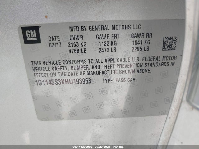 Chevrolet IMPALA 2LZ 2017 1G1145S3XHU193963 Image 9