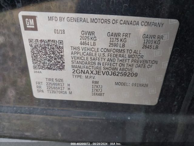 2GNAXJEV0J6259209 Chevrolet EQUINOX LT