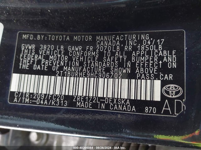Toyota COROLLA SE 2017 2T1BURHE9HC906702 Image 9