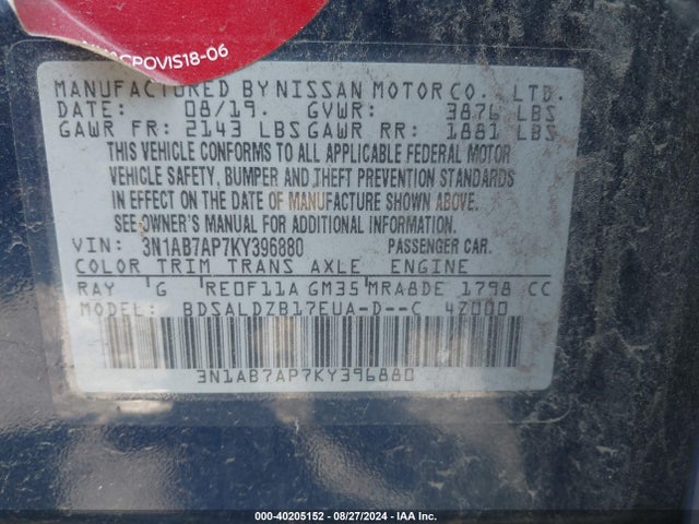 Nissan SENTRA SV 2019 3N1AB7AP7KY396880 Image 9