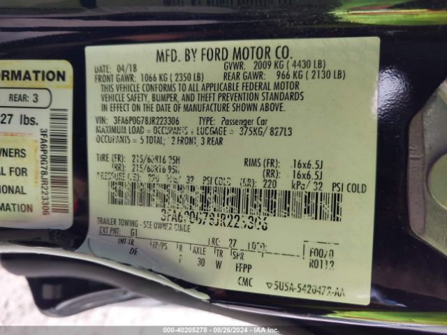 3FA6P0G78JR223306 Ford FUSION S