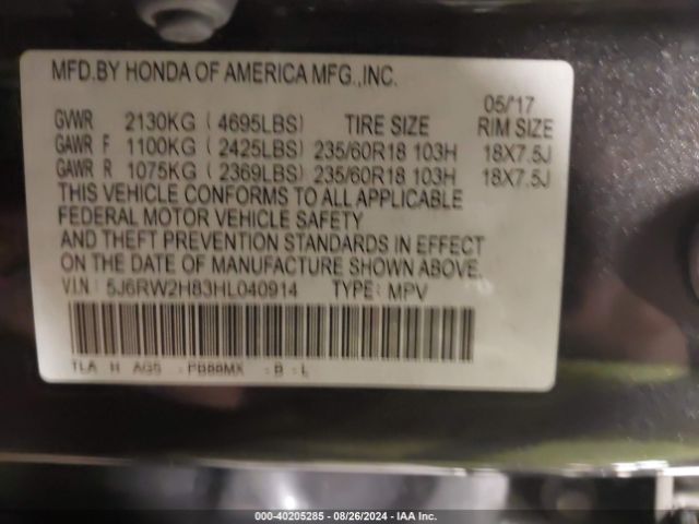 5J6RW2H83HL040914 Honda Cr-v Ex-l/ex-l Navi