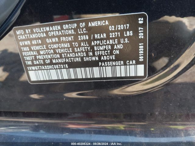 1VWGT7A32HC057315 Volkswagen Passat 1.8t Se
