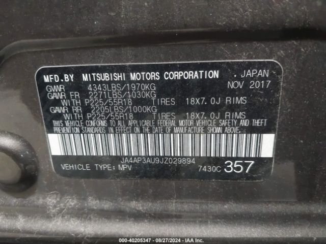 JA4AP3AU9JZ029894 Mitsubishi Outlander Sport Es 2.0