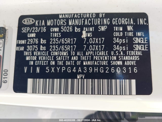 5XYPG4A39HG260316 KIA Sorento 2.4l Lx