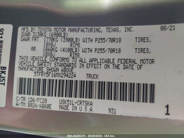 5TFRY5F16MX294224 Toyota Tundra Sr5