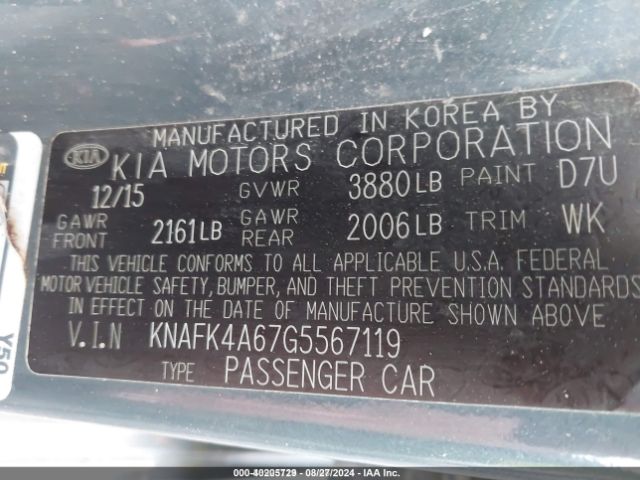 KNAFK4A67G5567119 KIA FORTE LX
