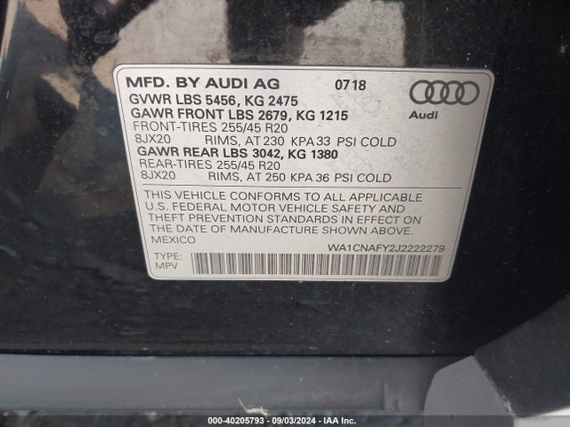 WA1CNAFY2J2222279 Audi Q5 2.0t Premium/2.0t Tech Premium