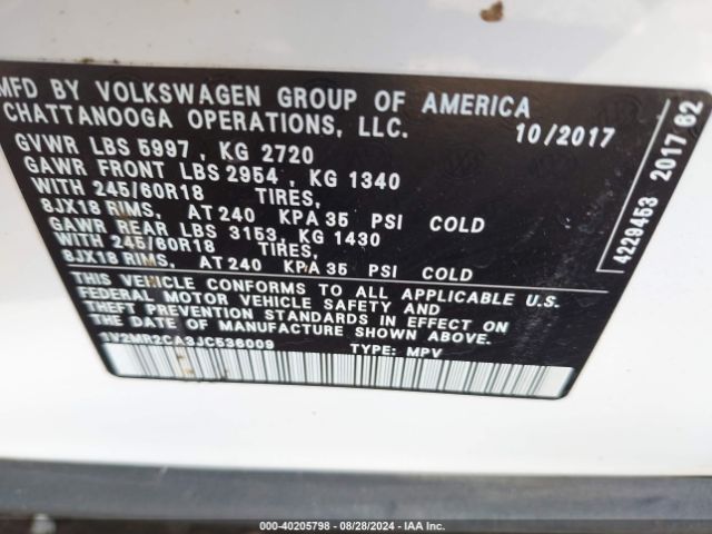 1V2MR2CA3JC536009 Volkswagen Atlas 3.6l V6 Sel