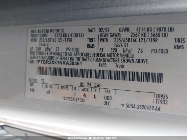 1FTBR3X81NKA38361 Ford Transit-250 Cargo Van
