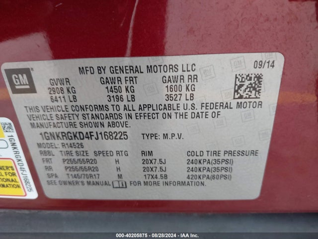 Chevrolet Traverse 1lt 2015 1GNKRGKD4FJ168225 Image 9
