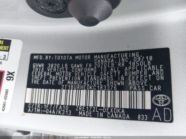 2019 TOYOTA COROLLA 2T1BURHE0KC183376 Photo 8