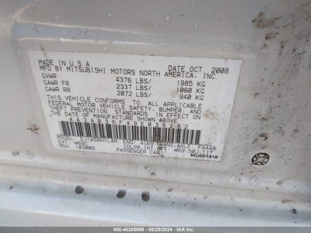 2009 MITSUBISHI GALANT 4A3AB36F49E036282 Photo 8