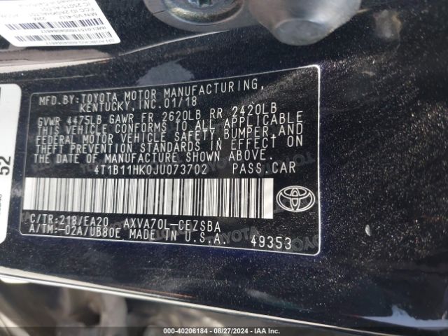 4T1B11HK0JU073702 Toyota CAMRY SE