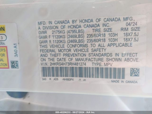 2HKRS4H73RH481274 Honda Cr-v Ex-l Awd