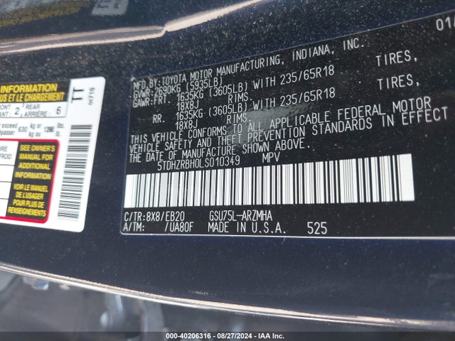 Toyota Highlander Xle 2020 5TDHZRBH0LS010349 Image 9