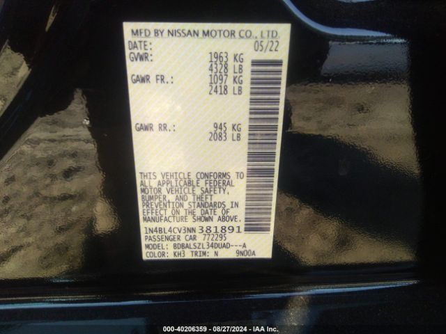 1N4BL4CV3NN381891 Nissan Altima Sr Fwd