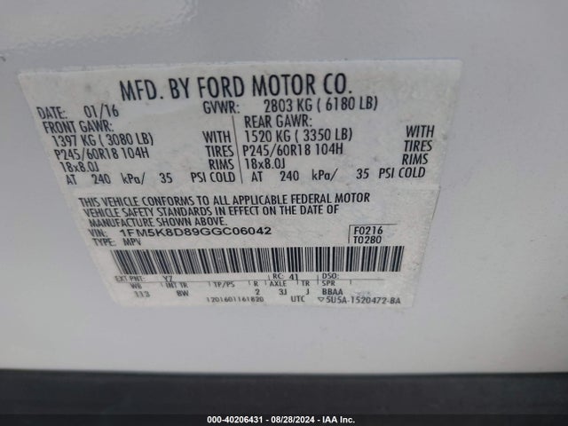 Ford EXPLORER XLT 2016 1FM5K8D89GGC06042 Image 9