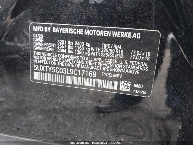BMW X3 Xdrive30i 2020 5UXTY5C03L9C17168 Image 9