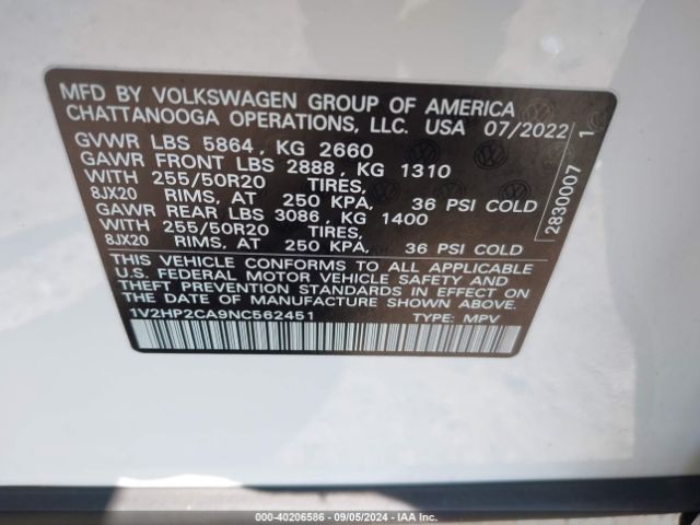 1V2HP2CA9NC562451 Volkswagen Atlas 2.0t Se W/technology
