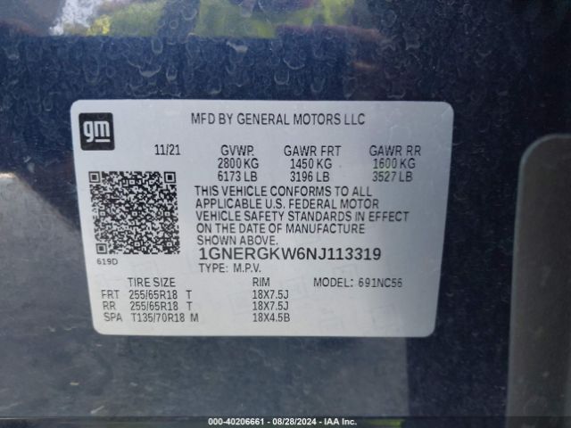 1GNERGKW6NJ113319 Chevrolet Traverse Fwd Lt Cloth