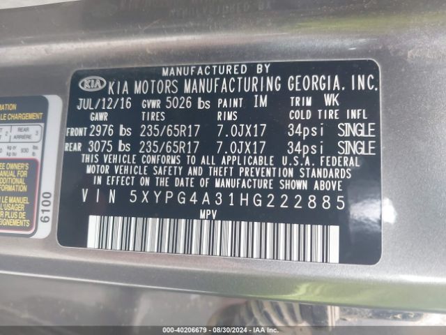 5XYPG4A31HG222885 KIA Sorento 2.4l L