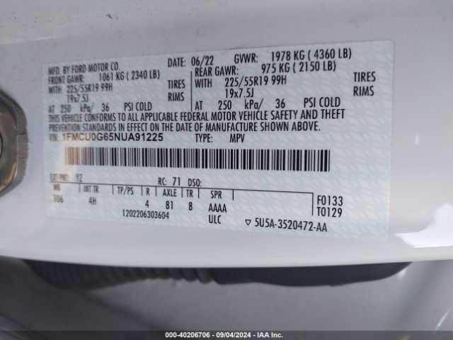 1FMCU0G65NUA91225 Ford ESCAPE SE