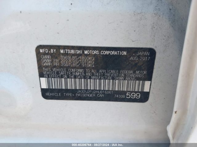 JA32U2FU2HU016061 Mitsubishi Lancer Le