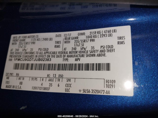 Ford ESCAPE SE 2018 1FMCU9GD7JUB02383 Image 9