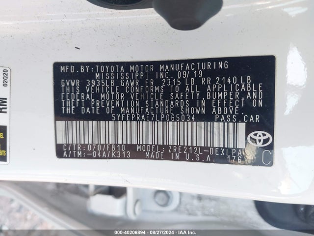 Toyota COROLLA LE 2020 5YFEPRAE7LP065034 Image 9