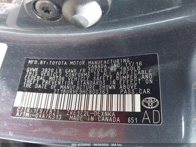 Toyota COROLLA LE 2017 2T1BURHE9HC800363 Image 9