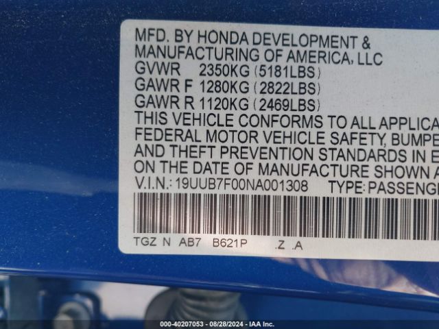 19UUB7F00NA001308 Acura Tlx Type S