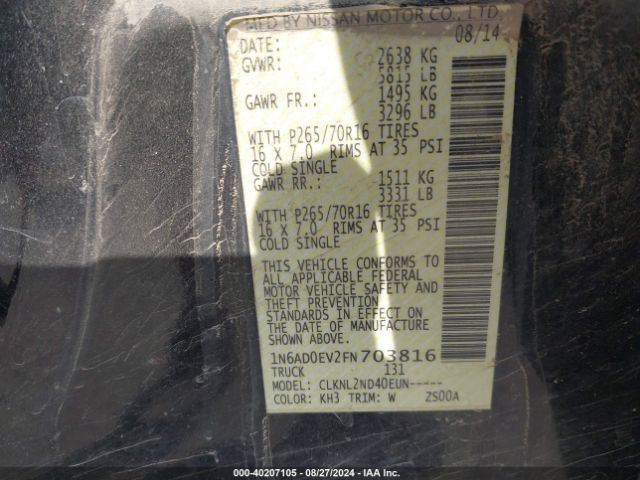 1N6AD0EV2FN703816 Nissan Frontier Pro-4x/s/sl/sv