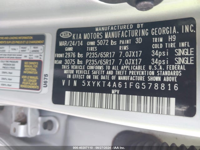 KIA SORENTO LX 2015 5XYKT4A61FG578816 Image 9
