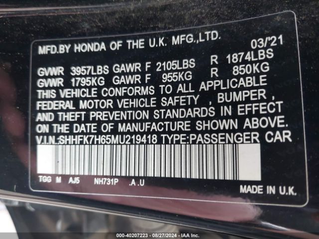 SHHFK7H65MU219418 Honda l15ba
