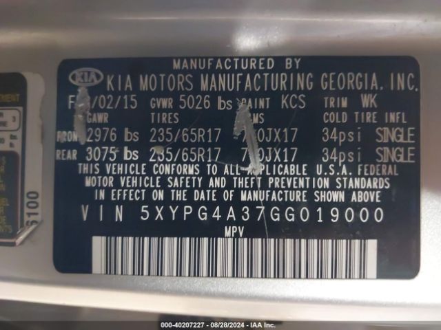 5XYPG4A37GG019000 KIA Sorento 2.4l L