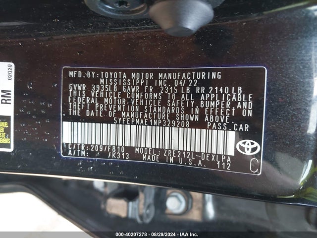 Toyota COROLLA LE 2022 5YFEPMAE1NP329208 Image 9